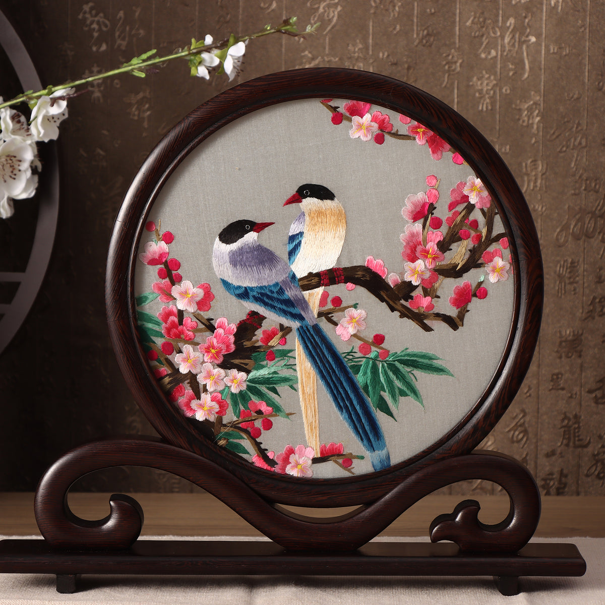 Hunan Embroidery with Stand 【 Plum and Magpies】 Ruyiframe-For Home Decoration