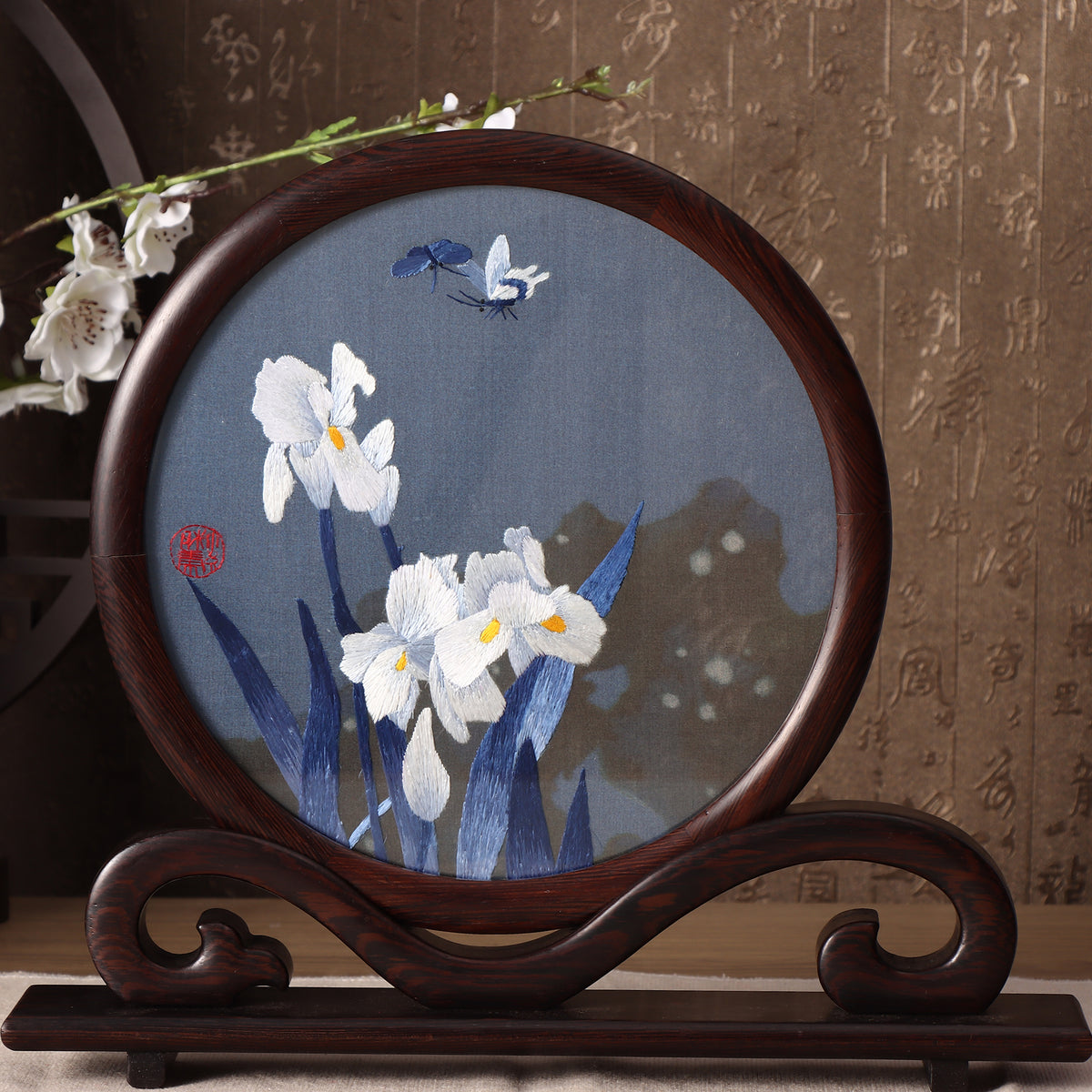 Hunan Embroidery with Stand 【lris】 Ruyi frame-For HomeDecoration