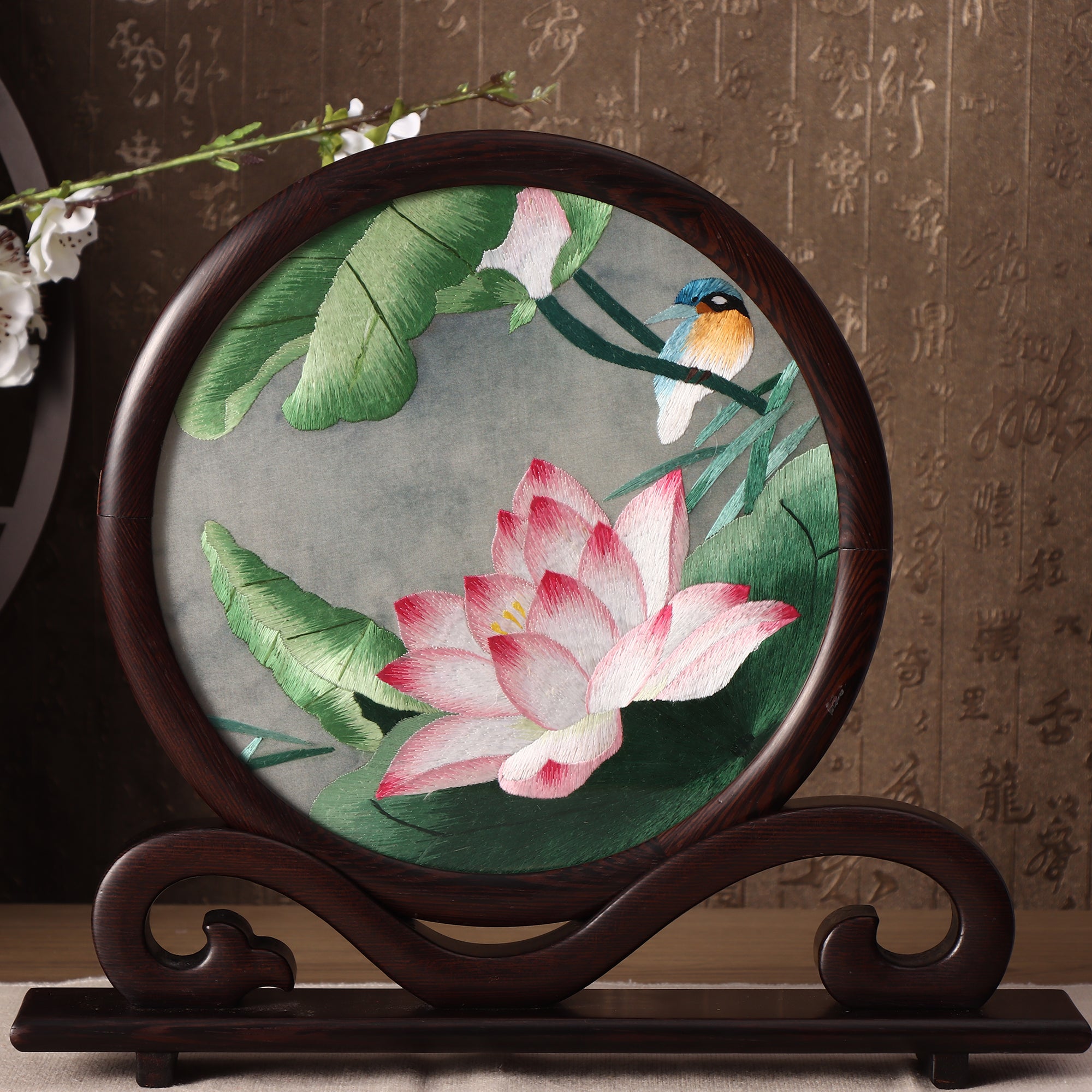 Hunan Embroidery with Stand [Lotu and Bird] Ruyi frameFor Home Decoration