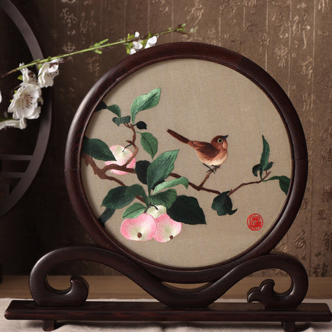 Hunan Embroidery with Stand【birds&flower】square frame-For Home Decoration