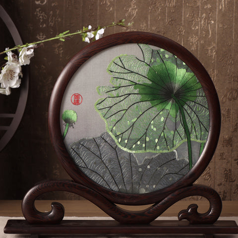 Hunan Embroidery with Stand【lotus leaf】square frame-For Home Decoration