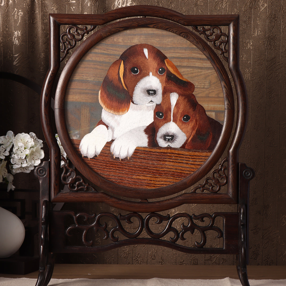 Hunan Embroidery with Stand【two puppys】square frame-For Home Decoration