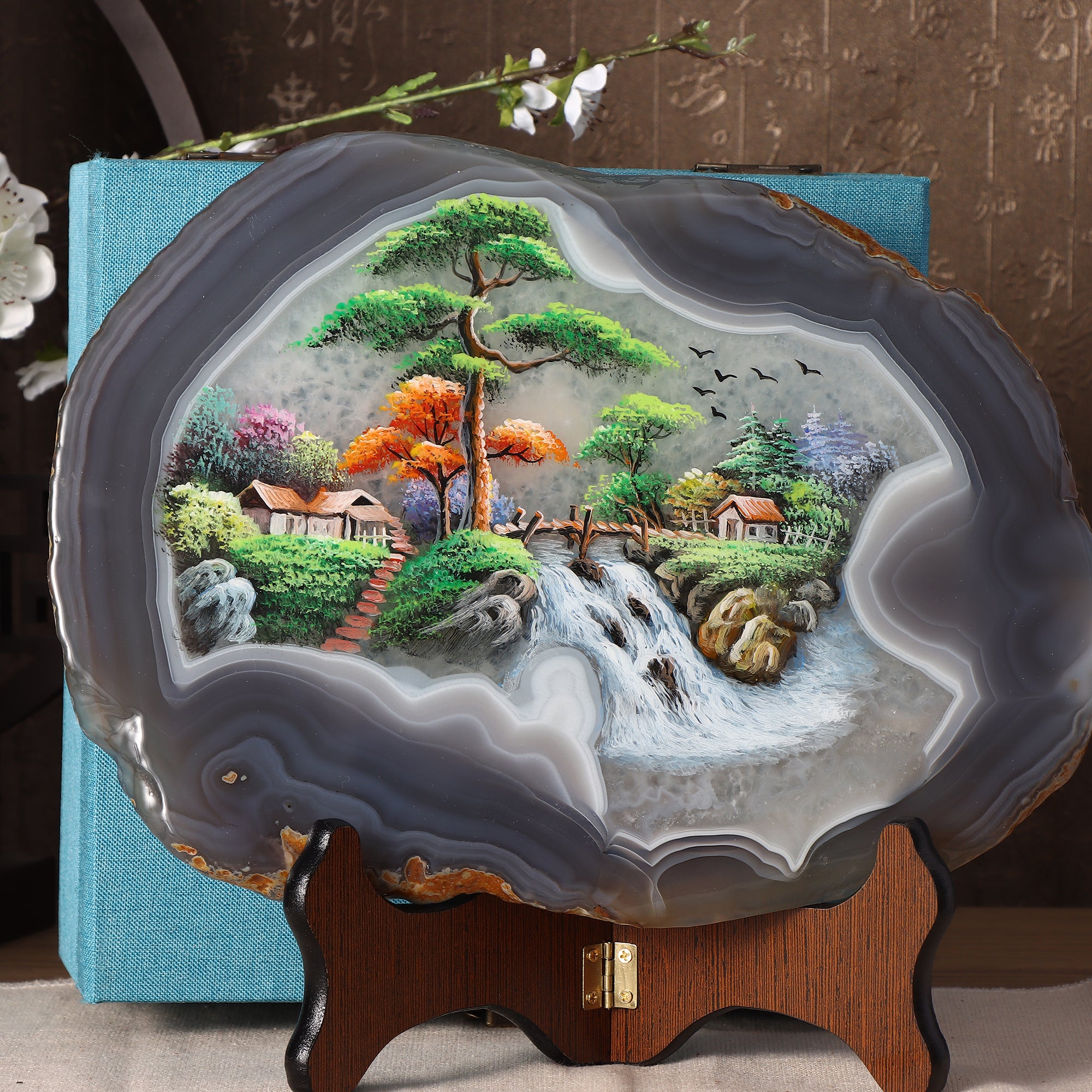 Agate Slices with Stand【Waterfall Village】-For Home Decoration