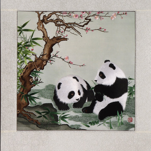 Embroidery (peach tree and panda) Antique Scroll Painting Hunan Embroidery New Chinese Finished Decorative