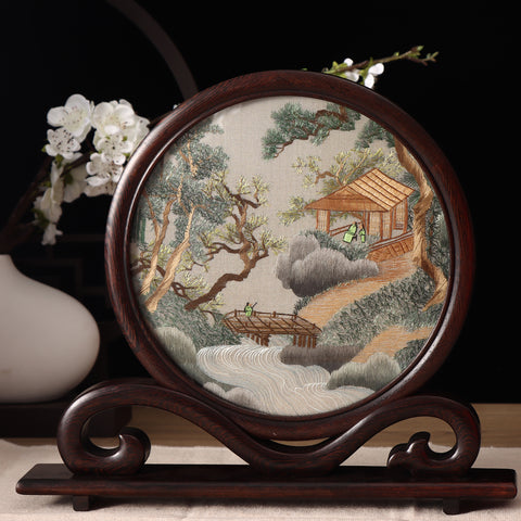 Hunan Embroidery with Stand【Pavilion and River】Ruyi frame-For Home Decoration