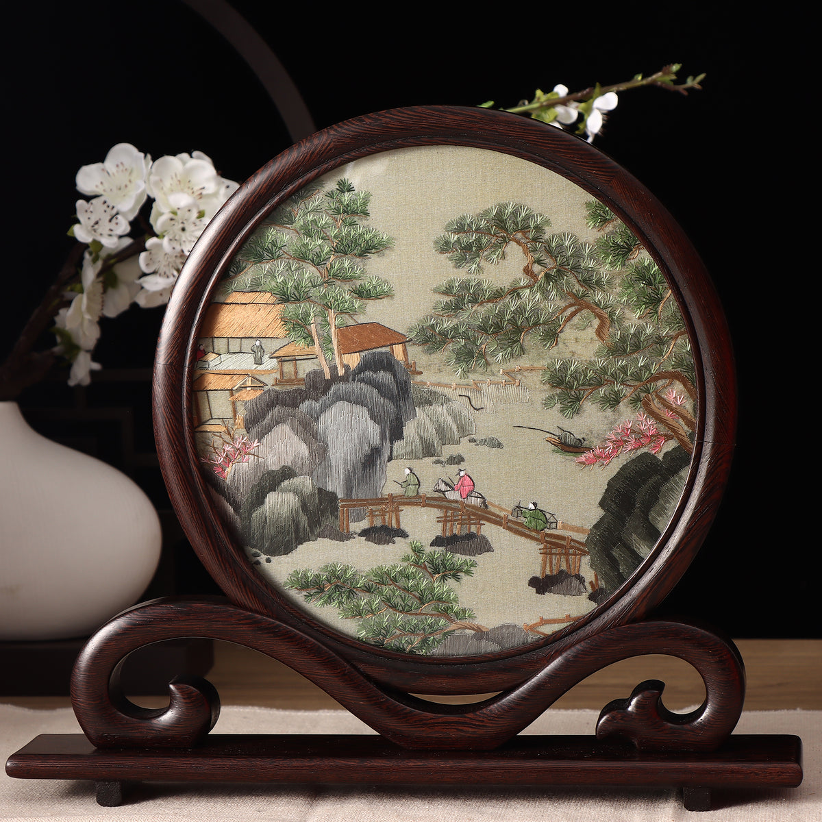 Hunan Embroidery with Stand【bridge】Ruyi frame-For Home Decoration