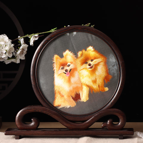 Hunan Embroidery with Stand【Two golden dogs】-For Home Decoration