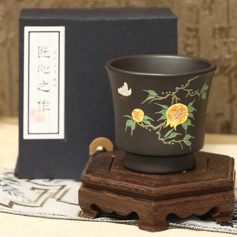 Handcraft purple clay teacup--3D Pattern with flowers