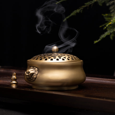 Round Bronze Incense Burner with Lion Heads-For Home Decoration&Aromatherapy