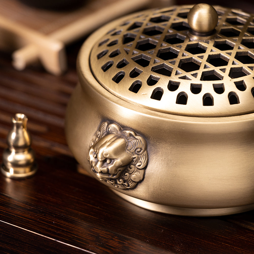 Round Bronze Incense Burner with Lion Heads-For Home Decoration&Aromatherapy
