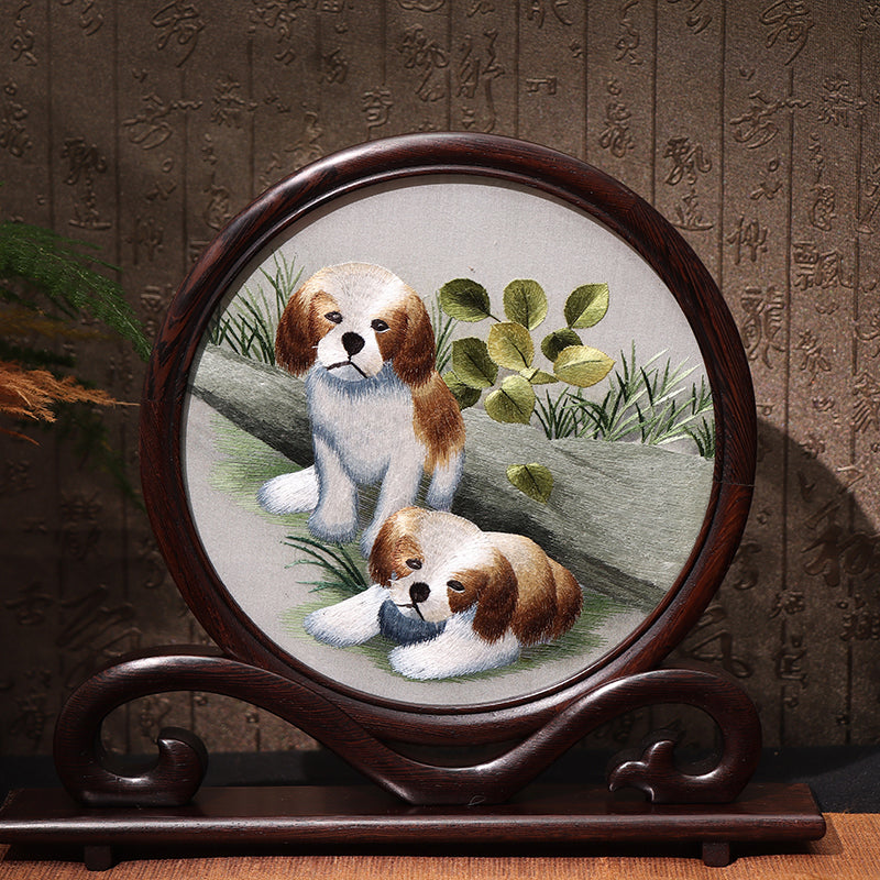 Hunan Embroidery with Stand【Two beagles】Ruyi frame-For Home Decoration