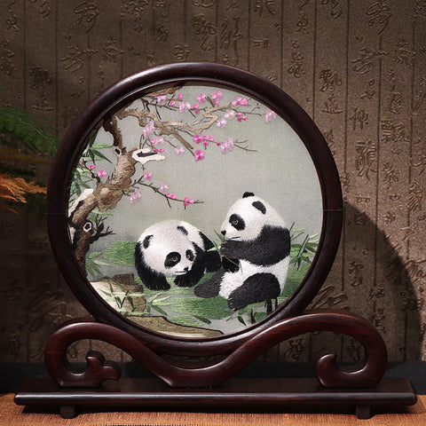 Hunan Embroidery with Stand【Two pandas&peach blossms】-For Home Decoration