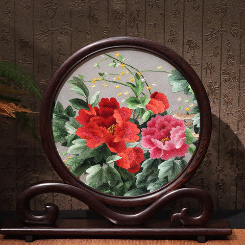 Hunan Embroidery with Stand【peony&gypsophila pattern 】Ruyi frame-For Home Decoration