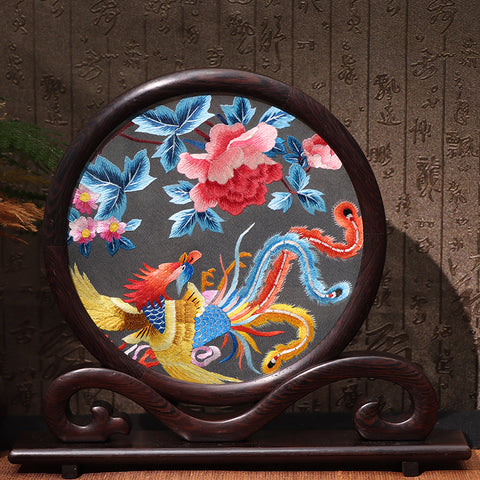 Hunan Embroidery with Stand【Phoenix and peony】-For Home Decoration