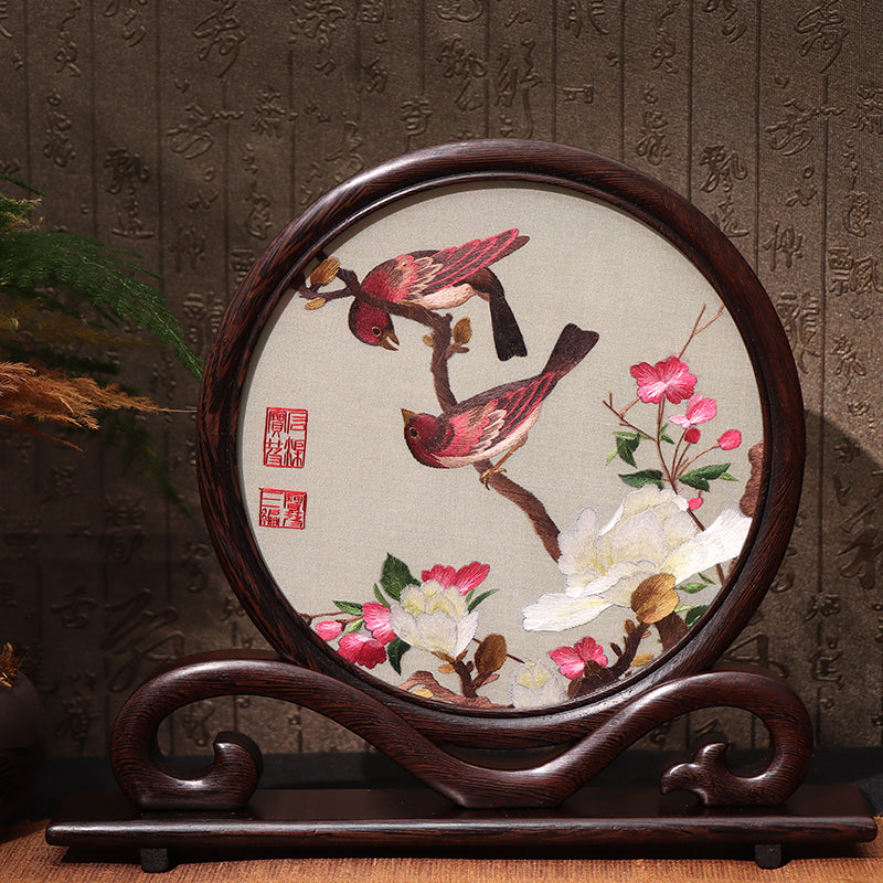 Hunan Embroidery with Stand【Two birds&magnolia】Ruyi frame-For Home Decoration