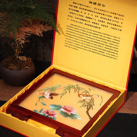Hunan Embroidery with Stand【birds&lotus pattern】square frame-For Home Decoration