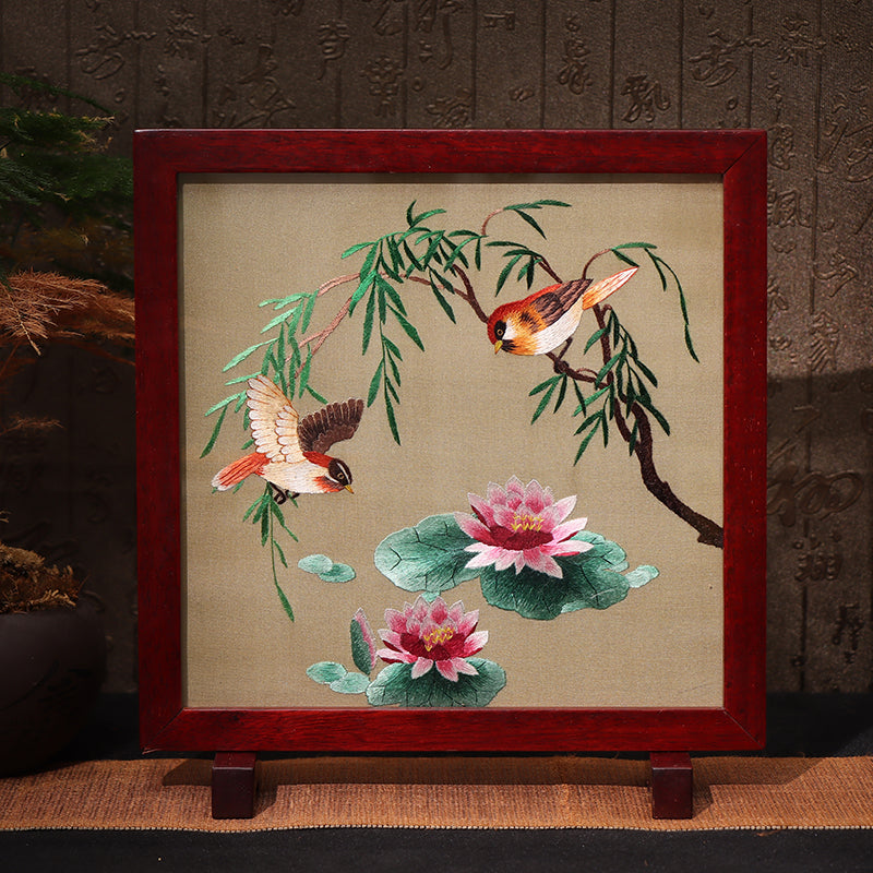 Hunan Embroidery with Stand【birds&lotus pattern】square frame-For Home Decoration
