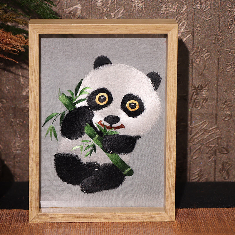 Hunan Embroidery with Stand【panda pattern with bamboo】square frame-For Home Decoration