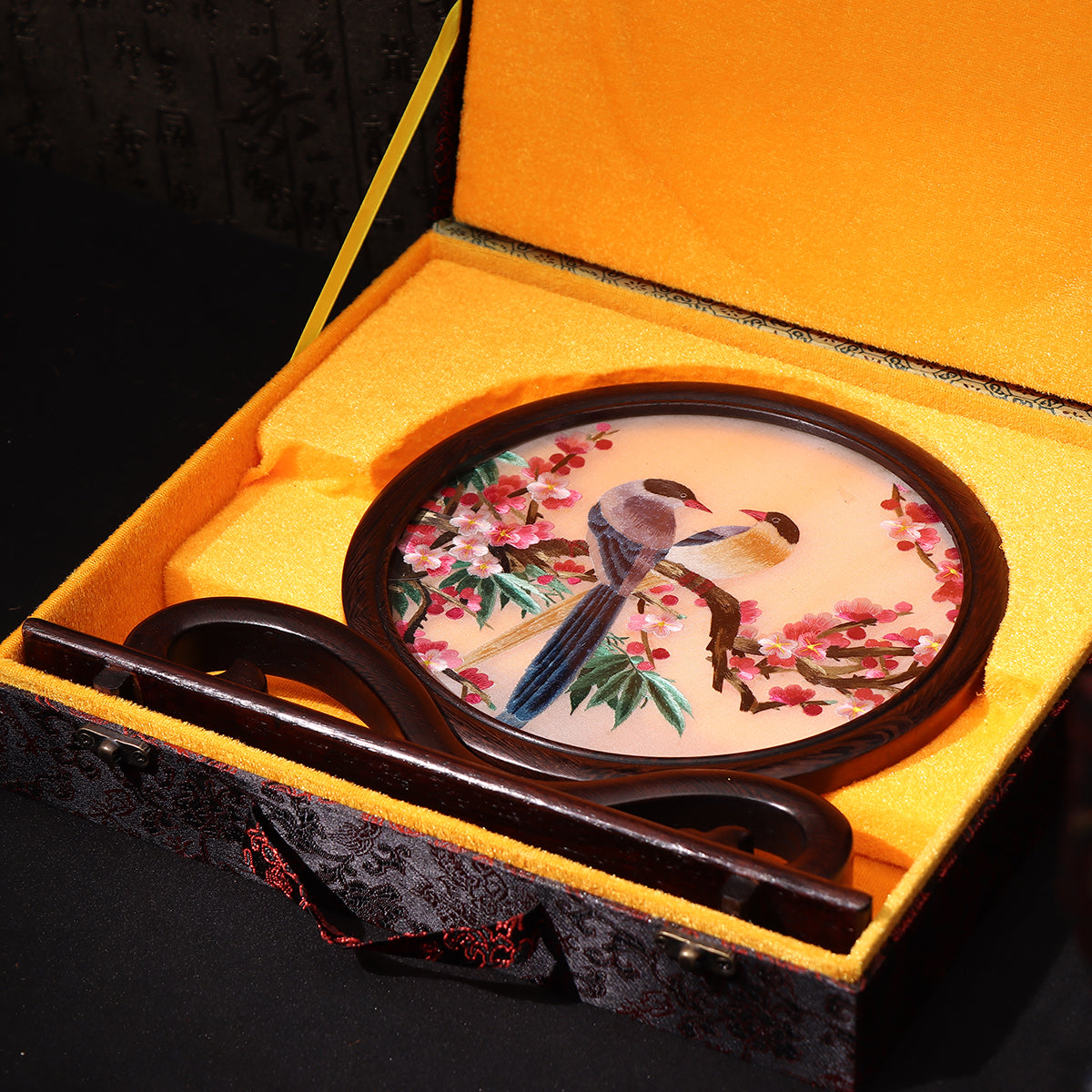 Products Hunan Embroidery with Stand【Two birds&Peach Blossom】Ruyi frame-For Home Decoration