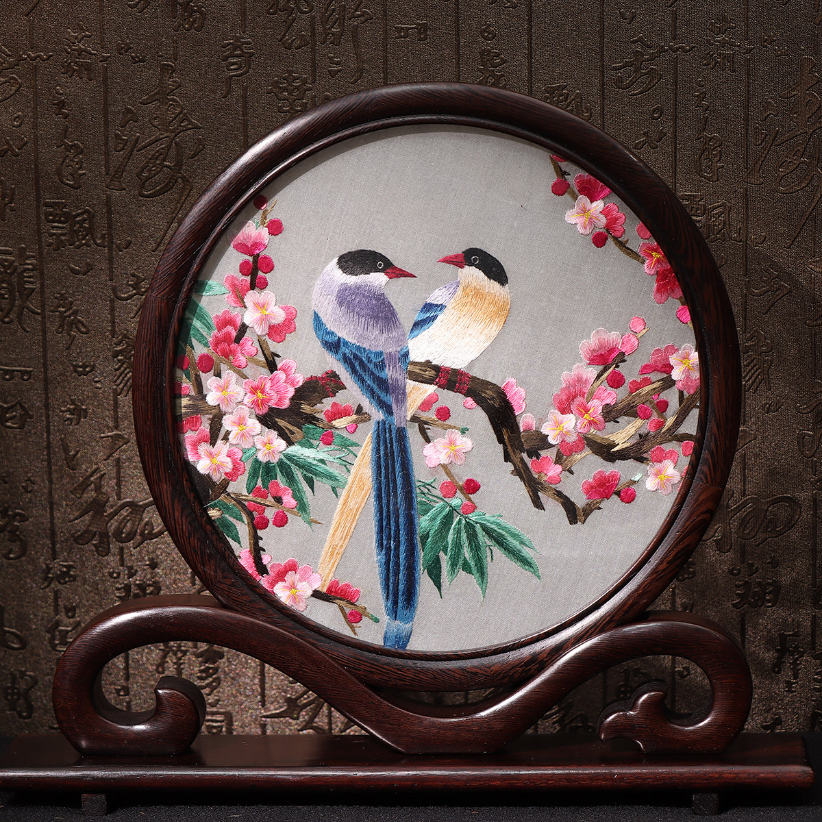 Products Hunan Embroidery with Stand【Two birds&Peach Blossom】Ruyi frame-For Home Decoration